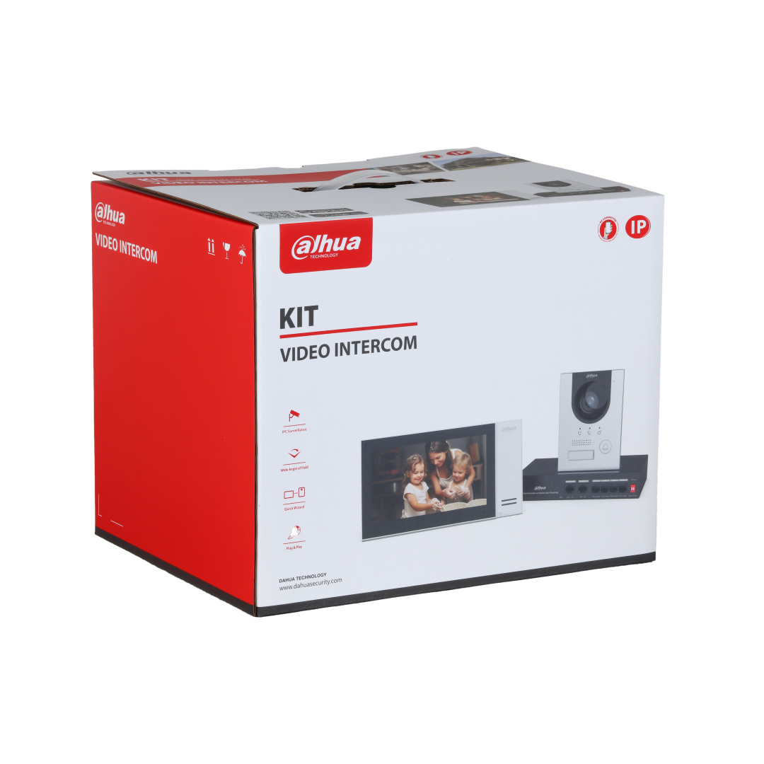 Dahua KTP01L video-intercom kit verpakking met 7 inch monitor, deurstation en switch in een witte en rode doos.