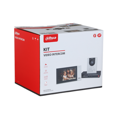 Dahua KTP01L video-intercom kit verpakking met 7 inch monitor, deurstation en switch in een witte en rode doos.