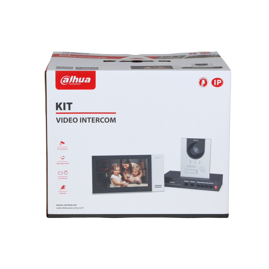 Dahua KTP01L video intercom kit verpakking met 7-inch monitor, zilveren deurstation en PoE-switch.
