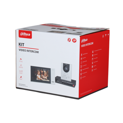 Dahua KTP01L video-intercomset in verpakking met 7-inch monitor, aluminium deurstation en PoE-switch.
