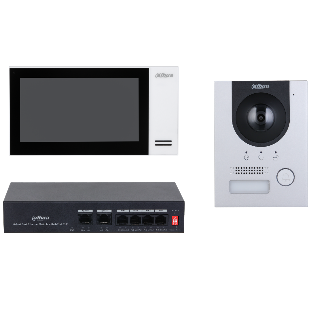 Dahua KTP01L video-intercomset met 7-inch witte monitor, zilveren aluminium deurstation en zwarte PoE-switch.