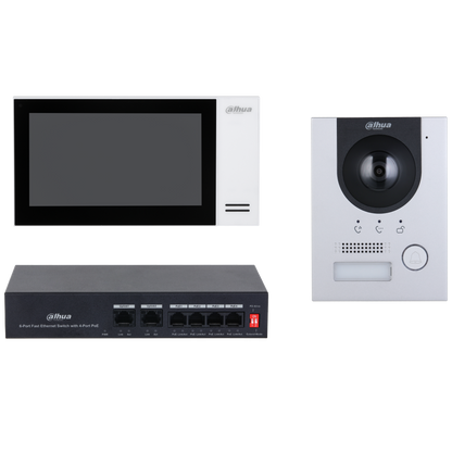 Dahua KTP01L video-intercomset met 7-inch witte monitor, zilveren aluminium deurstation en zwarte PoE-switch.