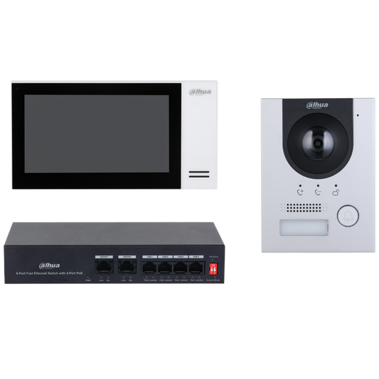 Dahua KTP01L video-intercomset met 7-inch witte monitor, zilveren aluminium deurstation en zwarte PoE-switch.