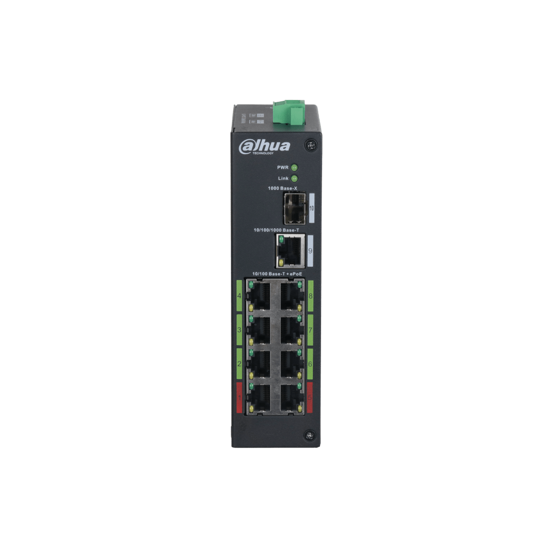 Zwarte Dahua LR2110-8ET-120-V2 ePoE-switch met 8 poorten, statuslampjes en een robuust industrieel metalen ontwerp.