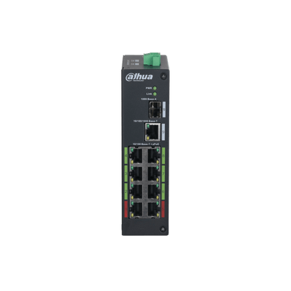 Zwarte Dahua LR2110-8ET-120-V2 ePoE-switch met 8 poorten, statuslampjes en een robuust industrieel metalen ontwerp.