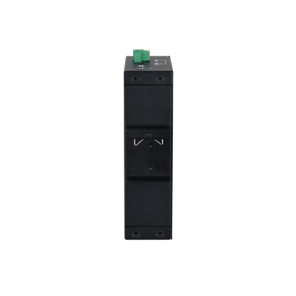 Zwarte Dahua LR2110-8ET-120-V2 ePoE-switch met metalen behuizing en DIN-rail montagebeugel aan de achterzijde.