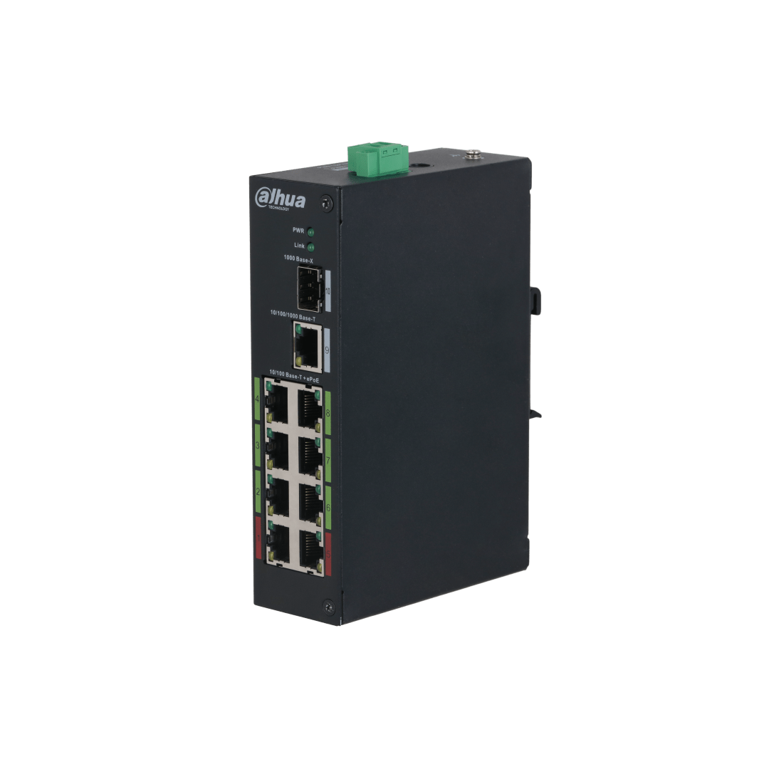 Zwarte Dahua LR2110-8ET-120-V2 ePoE-switch met acht PoE-poorten, één uplink-poort en statusindicatielampjes.