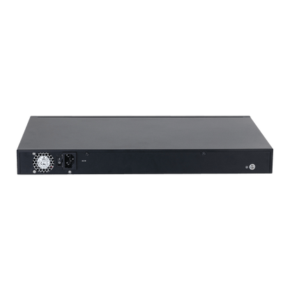 Zwarte metalen achterkant van de Dahua ePoE-switch met stroomaansluiting, aan-uitschakelaar en koelventilator.