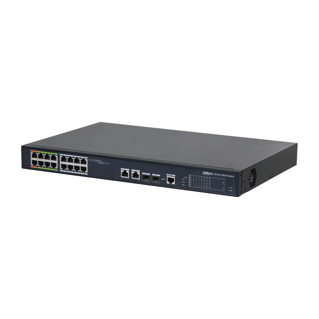 Zwarte Dahua 16-poorts ePoE-switch met metalen behuizing, statuslampjes en diverse netwerkaansluitingen.