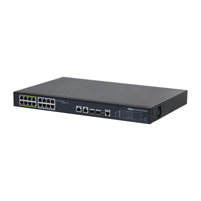 Zwarte Dahua 16-poorts ePoE-switch met metalen behuizing, statuslampjes en diverse netwerkaansluitingen.