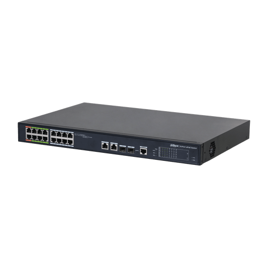 Zwarte Dahua 16-poorts ePoE-switch met metalen behuizing, statuslampjes en diverse netwerkaansluitingen.