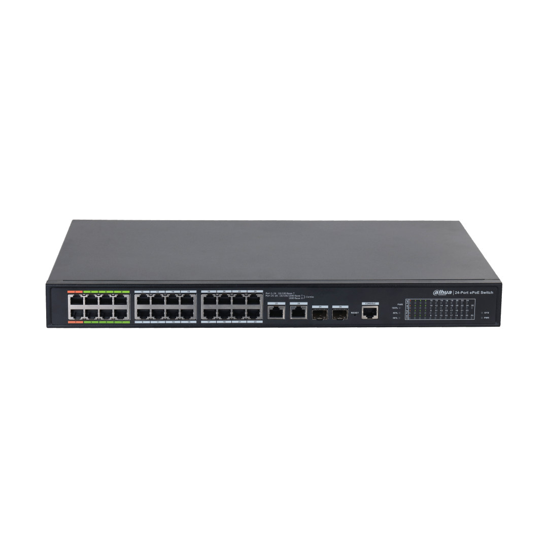 Zwarte Dahua 24-poorts ePoE-switch met metalen behuizing, RJ45-poorten en LED-statusindicatoren voor netwerkbeheer.