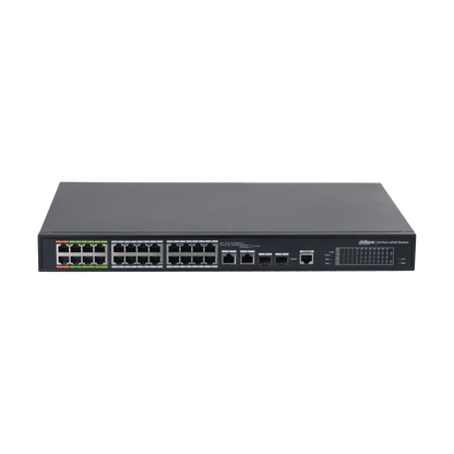 Zwarte Dahua 24-poorts ePoE-switch met metalen behuizing, RJ45-poorten en LED-statusindicatoren voor netwerkbeheer.