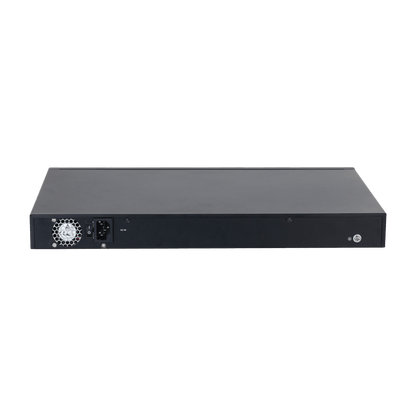 Zwarte metalen achterkant van de Dahua ePoE-switch met stroomaansluiting, aan-uitknop en ingebouwde koelventilator.