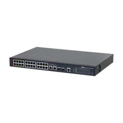 Zwarte Dahua 24-poorts ePoE-switch met metalen behuizing, RJ45-poorten en statusindicatielampjes op het voorpaneel.