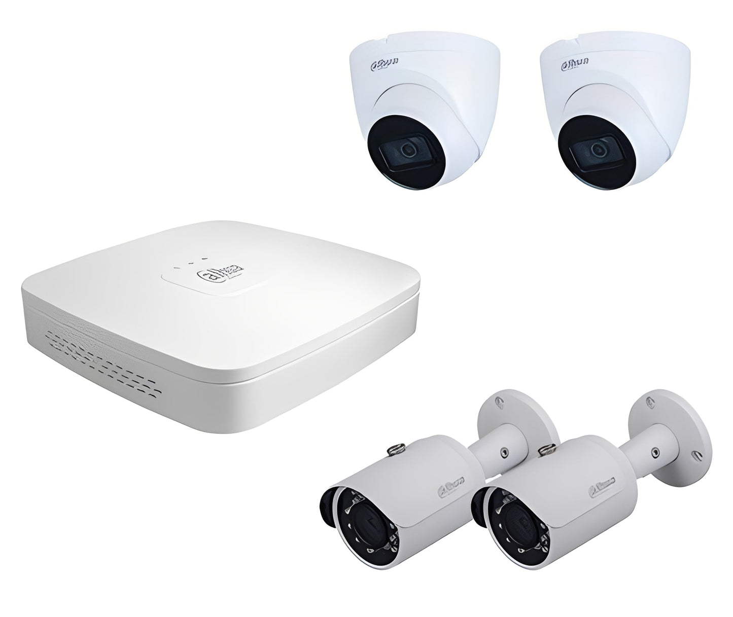 Dahua NVR-beveiligingsset met witte NVR-recorder, twee turret-camera's en twee bullet-camera's voor videobewaking.