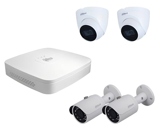 Dahua NVR-beveiligingsset met witte NVR-recorder, twee turret-camera's en twee bullet-camera's voor videobewaking.