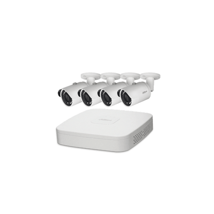 Dahua NVR4104-P beveiligingsset met witte NVR-recorder en vier compacte witte bullet IP-camera's.
