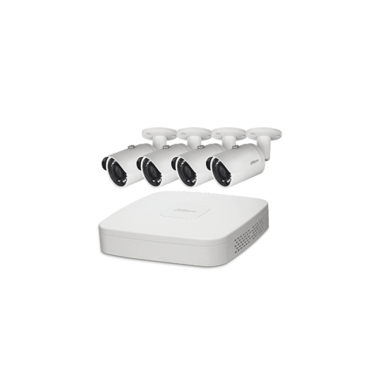 Dahua NVR4104-P beveiligingsset met witte NVR-recorder en vier compacte witte bullet IP-camera's.
