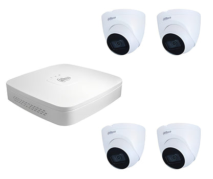 Dahua NVR recorder met vier witte turret dome beveiligingscamera's voor professionele videobewaking.