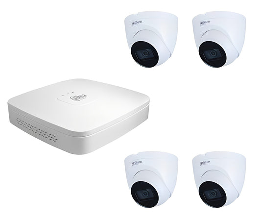 Dahua NVR recorder met vier witte turret dome beveiligingscamera's voor professionele videobewaking.