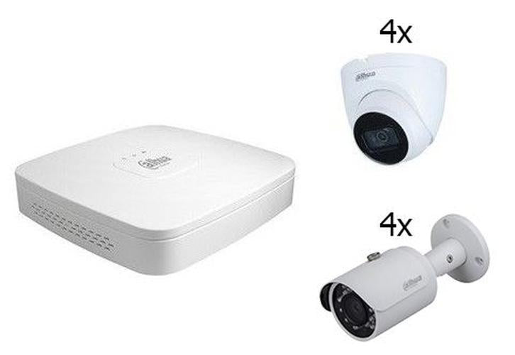 Dahua NVR-recorder met vier witte bullet-camera's en vier witte turret-domecamera's voor beveiligingssystemen.