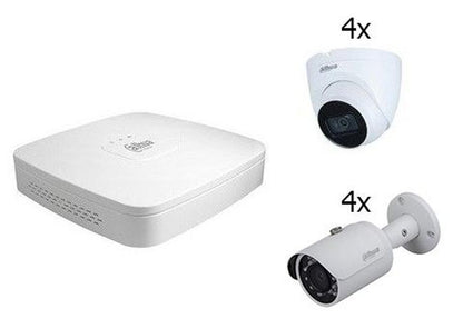 Dahua NVR-recorder met vier witte bullet-camera's en vier witte turret-domecamera's voor beveiligingssystemen.