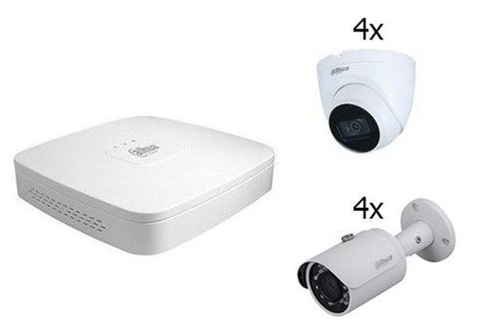 Dahua NVR-recorder met vier witte bullet-camera's en vier witte turret-domecamera's voor beveiligingssystemen.