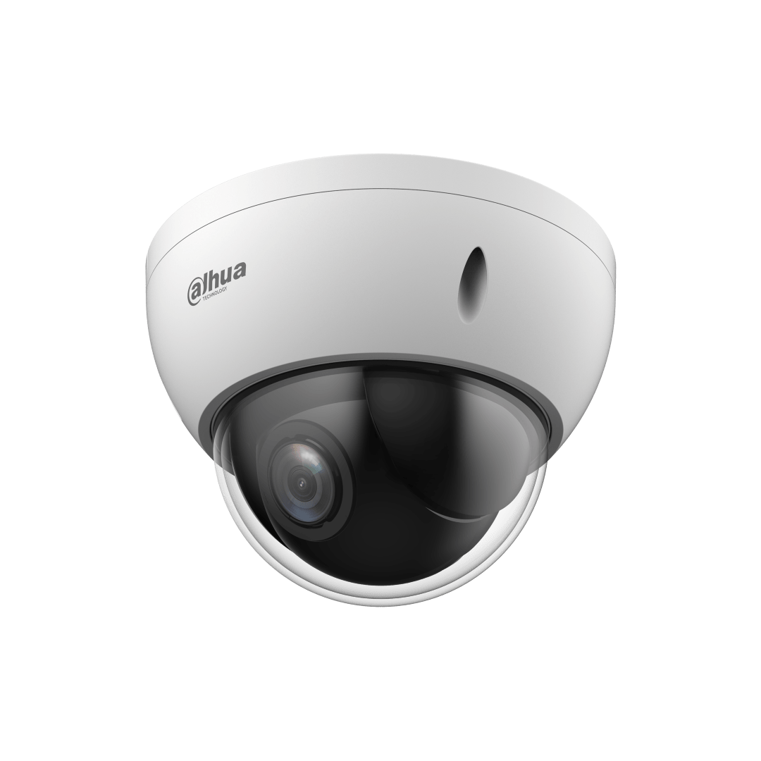 Witte Dahua PTZ dome-beveiligingscamera met transparante koepel en 4x optische zoom voor professionele bewaking.