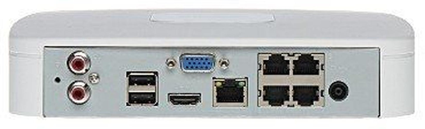 Achterkant van witte Dahua NVR4108-P recorder met diverse poorten zoals HDMI, VGA, USB en vier PoE-netwerkaansluitingen.