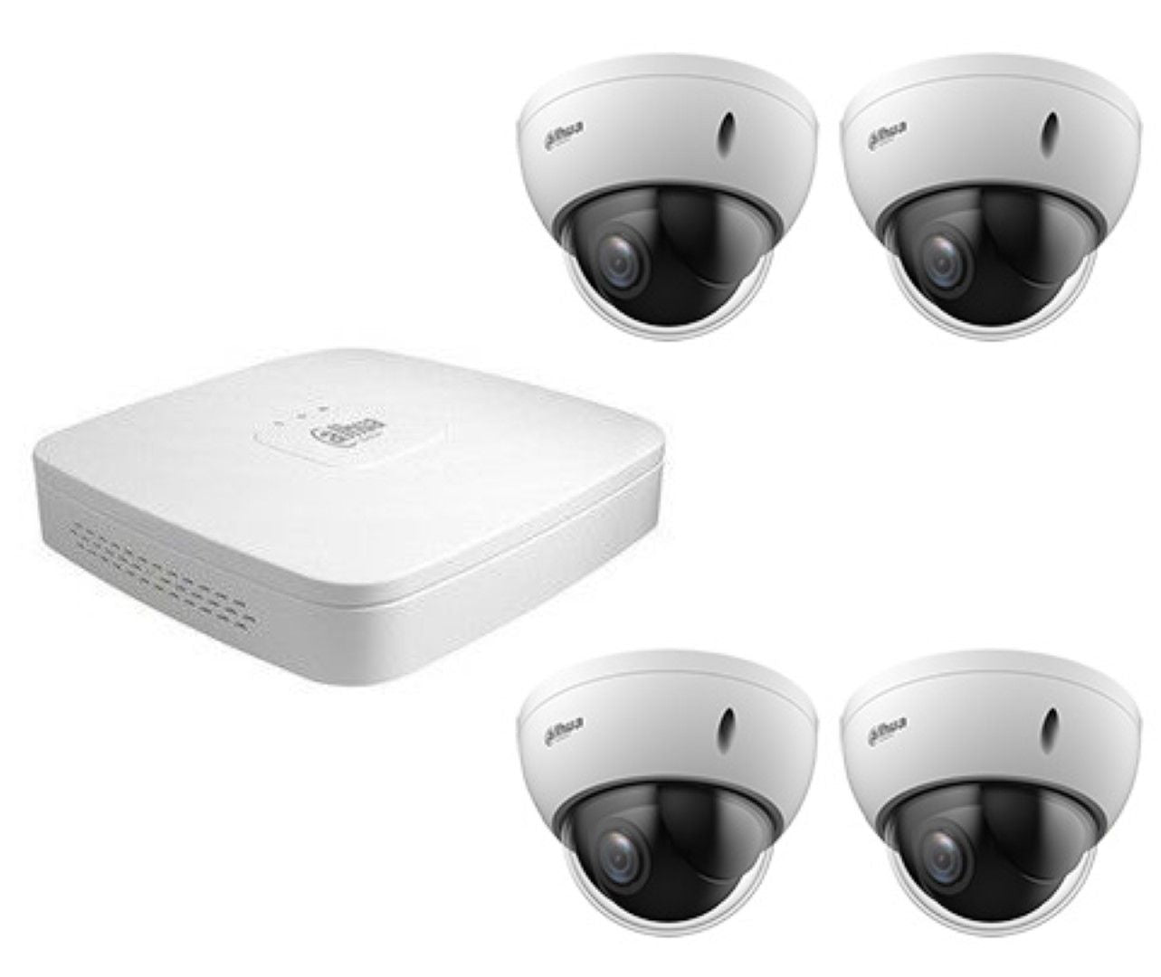 Dahua NVR-recorder met vier witte PTZ-domecamera's voor professionele videobewaking.