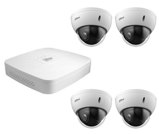 Dahua NVR-recorder met vier witte PTZ-domecamera's voor professionele videobewaking.