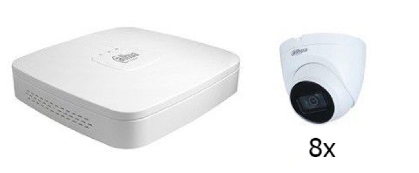 Dahua NVR recorder en acht witte turret dome camera's voor professionele videobewaking.
