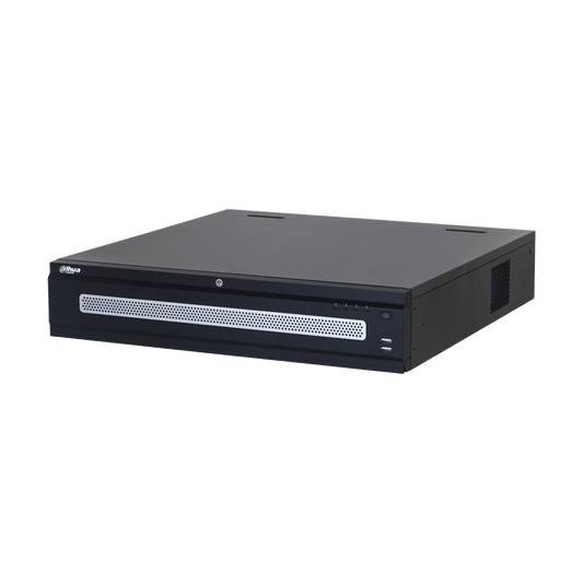 Zwarte Dahua NVR608RH-64-XI enterprise netwerkrecorder met ventilatierooster, USB-poorten en statuslampjes.