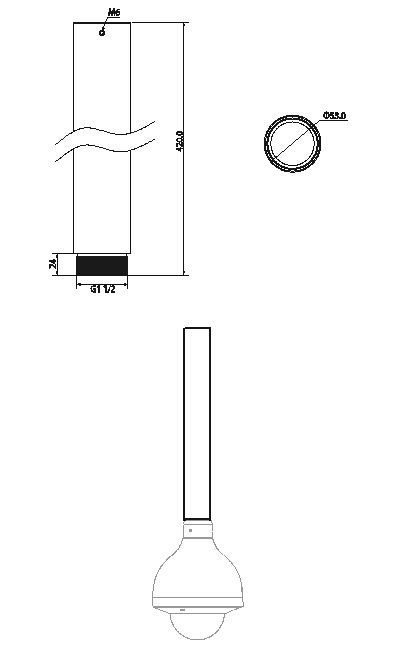 Technische lijntekening van de witte Dahua PFA112-V2 aluminium extensiebuis met afmetingen en cameramontage.