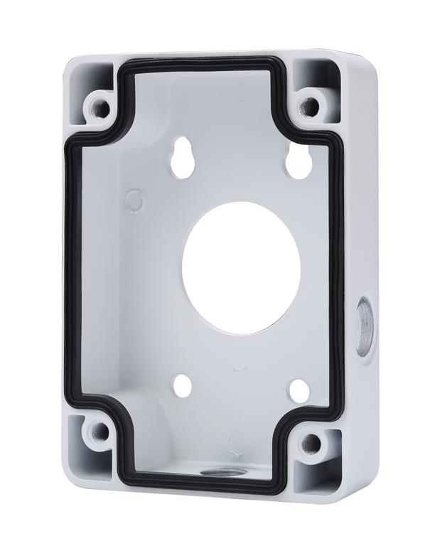 Witte Dahua PFA120A V2 aluminium lasdoos met zwarte rubberen afdichting voor professionele cameramontage.