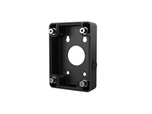Zwarte aluminium Dahua PFA120-B junction box voor camera's met een rechthoekig design en kabeldoorvoer.