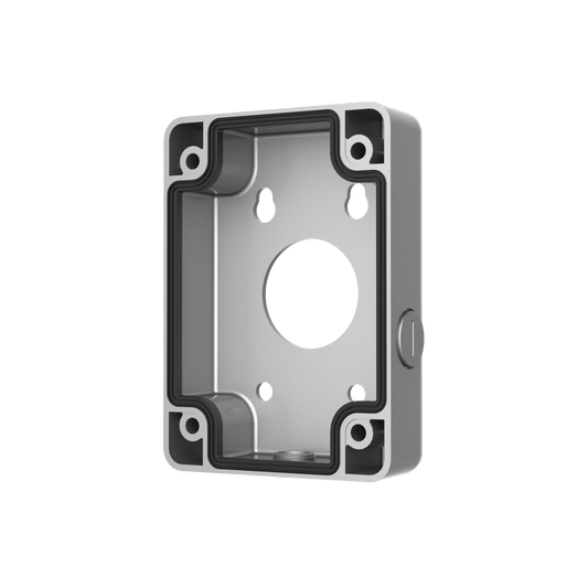 Zilveren Dahua PFA120-SG aluminium junction box voor cameramontage met zwarte afdichtingsring.