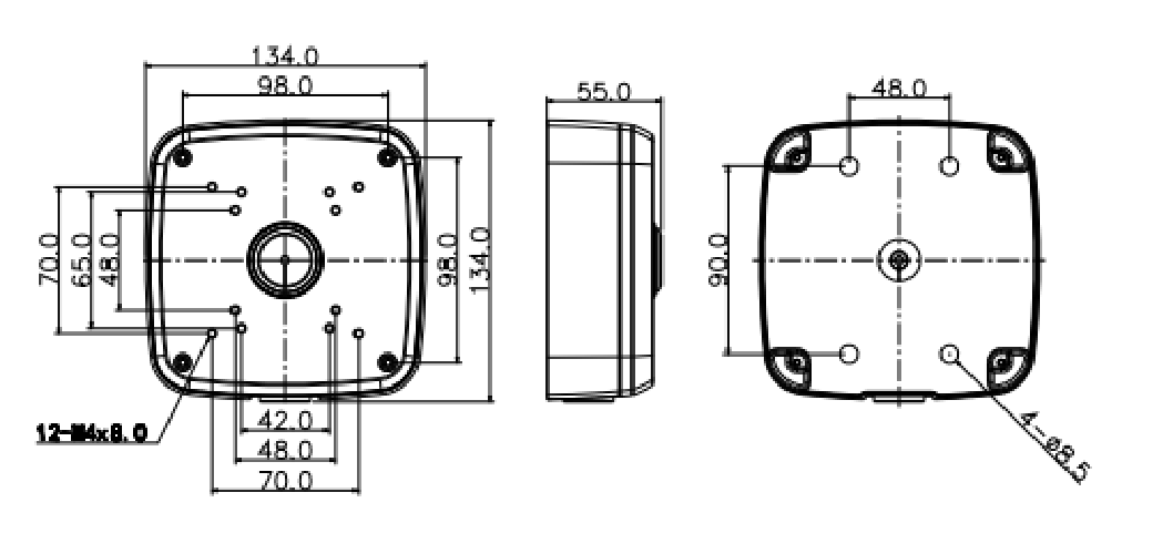 Technische maattekening van de zwarte Dahua PFA121-B aluminium lasdoos (134x134x55mm) voor bullet camera's.