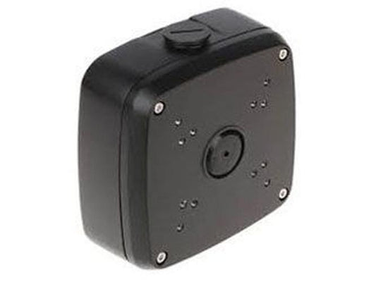 Zwarte aluminium Dahua PFA121-B lasdoos voor bullet camera's, 134x134x55mm, IP66 waterdicht design.