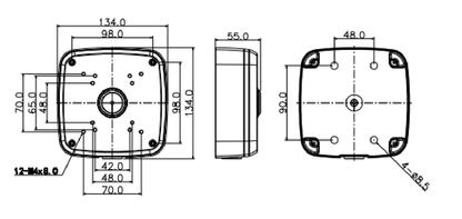 Technische maattekening van de witte Dahua PFA121H aluminium lasdoos met afmetingen 134x134x55mm voor bullet camera's.