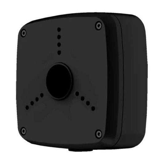 Zwarte aluminium Dahua PFA122-B aansluitdoos voor bullet camera's met IP66 waterdichte behuizing.