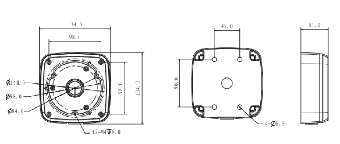 Technische lijntekening van de witte Dahua PFA123 aluminium montagebox met afmetingen van 134mm bij 51mm.