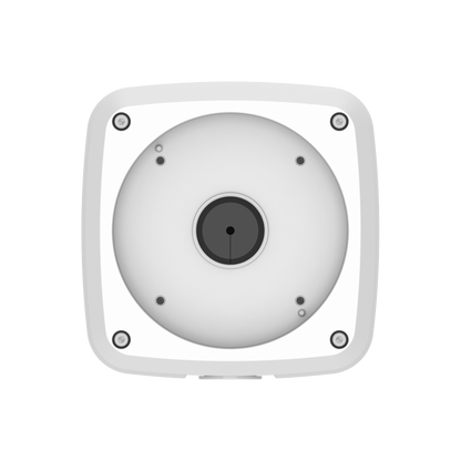 Witte Dahua PFA124 aluminium junction box voor bullet camera's met vier montagepunten en centrale kabeldoorvoer.