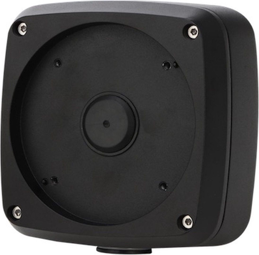 Zwarte aluminium Dahua PFA124-B junction box voor bullet camera's met een IP66 waterdicht ontwerp.