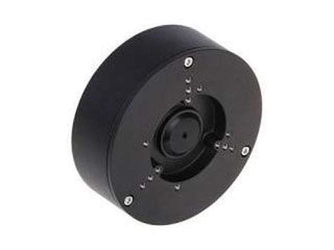 Zwarte ronde aluminium montagebox voor Dahua bullet camera's met IP66 weerbestendige behuizing.