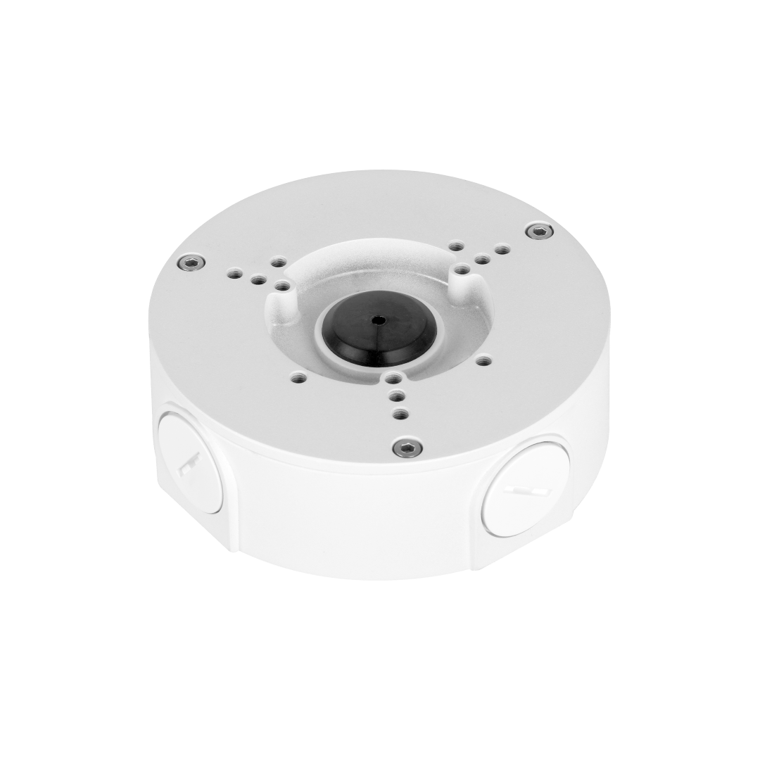 Witte, ronde Dahua PFA130-E-V3 aluminium montagebox voor bullet camera's met kabeldoorvoer en IP66 bescherming.