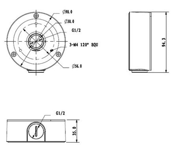 Technische lijntekening van de witte Dahua PFA134 aluminium montagebox met afmetingen van 90mm bij 35mm.