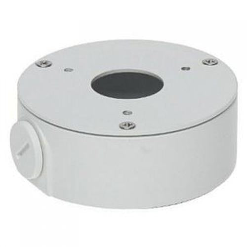 Witte, ronde Dahua PFA134 aluminium montagebox voor mini bullet camera's met een diameter van 90mm.
