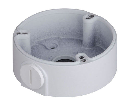 Witte, ronde aluminium montagebox voor Dahua dome camera's met kabeldoorvoer en waterdicht ontwerp.